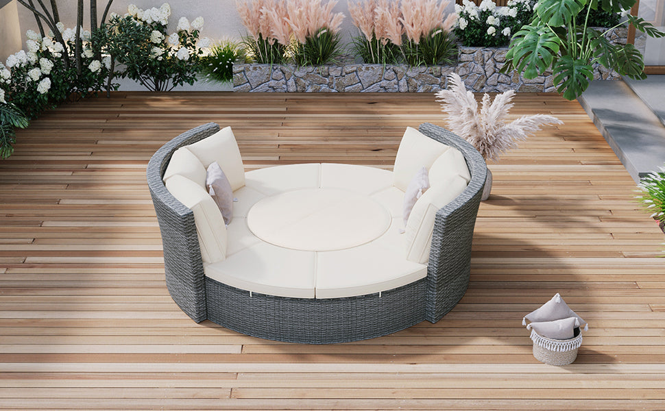 Conjunto de sofás redondos de 5 piezas para patio al aire libre - Gris