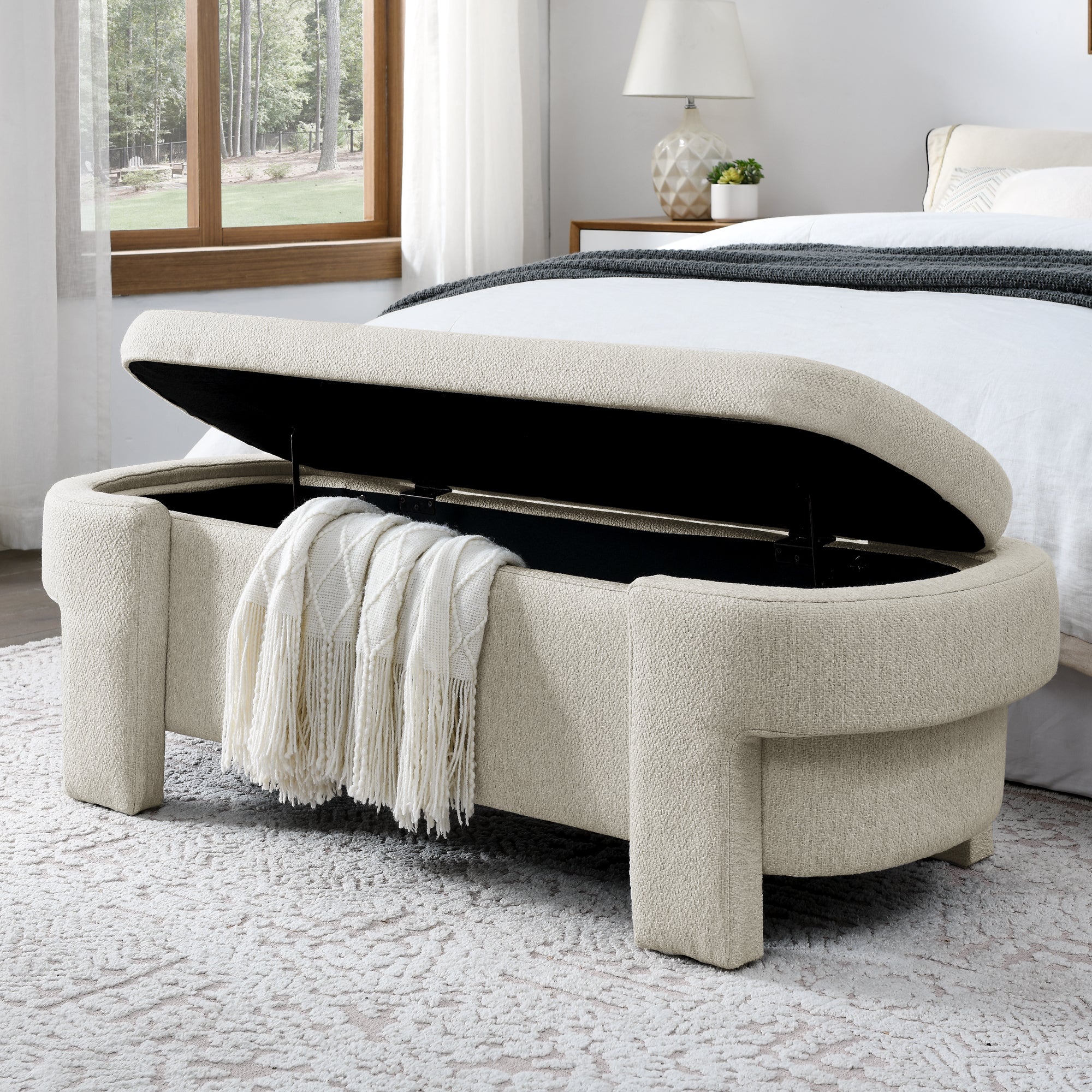 Banco tapizado en tela de lino - Beige