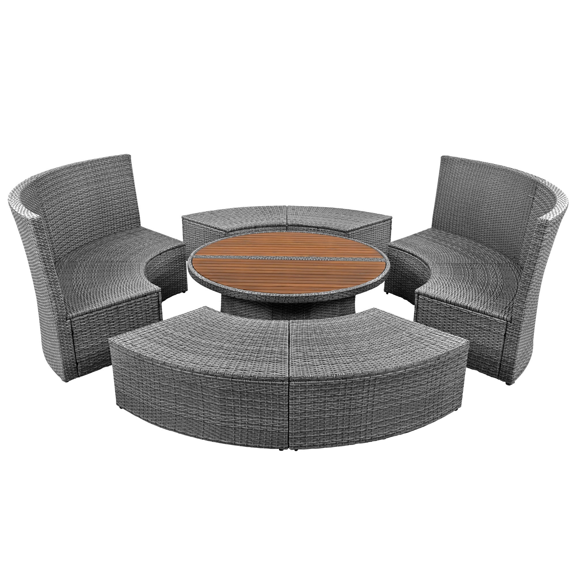Conjunto de sofás redondos de 5 piezas para patio al aire libre - Gris