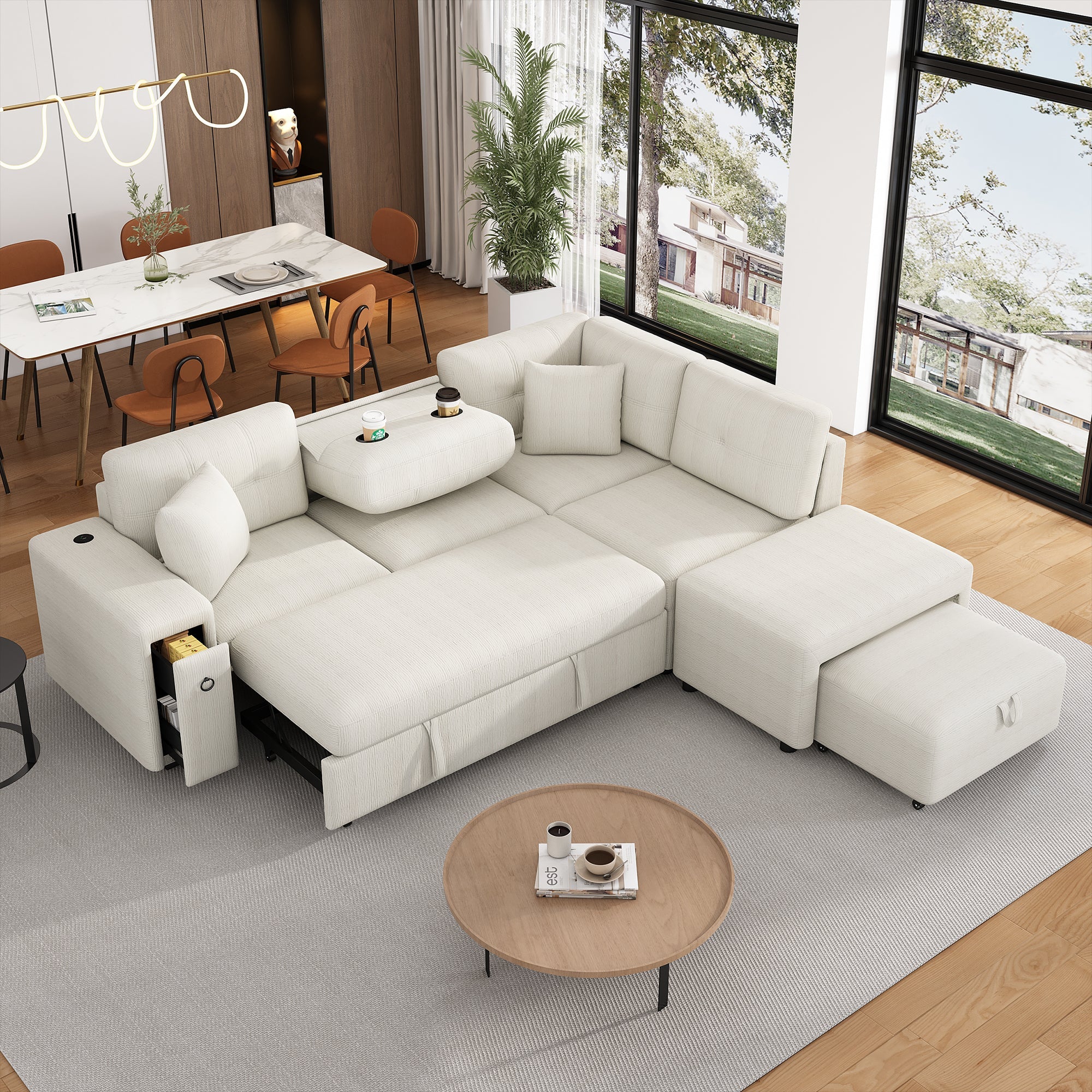 Sofá cama extraíble en forma de L - Beige
