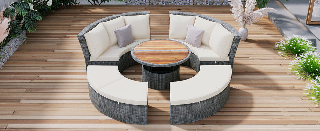 Conjunto de sofás redondos de 5 piezas para patio al aire libre - Gris