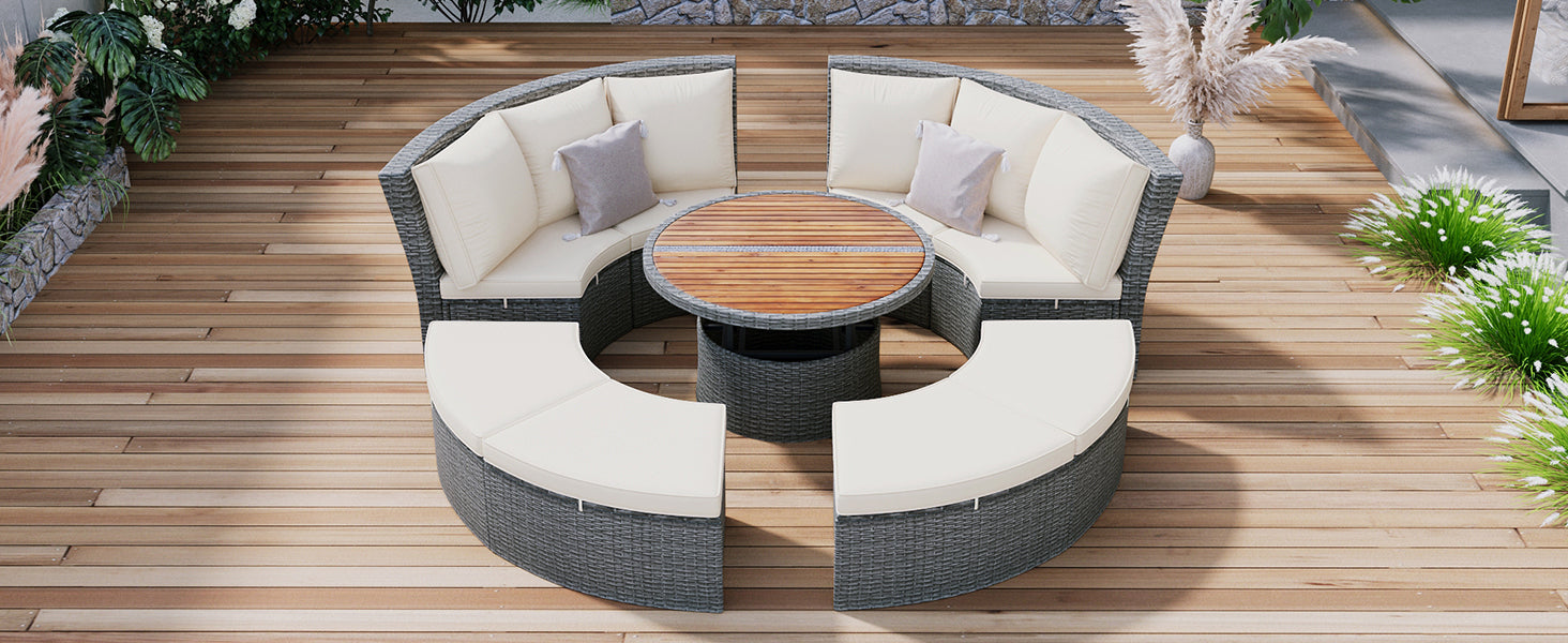 Conjunto de sofás redondos de 5 piezas para patio al aire libre - Gris
