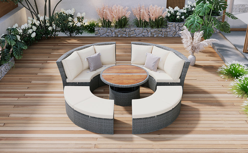 Conjunto de sofás redondos de 5 piezas para patio al aire libre - Gris