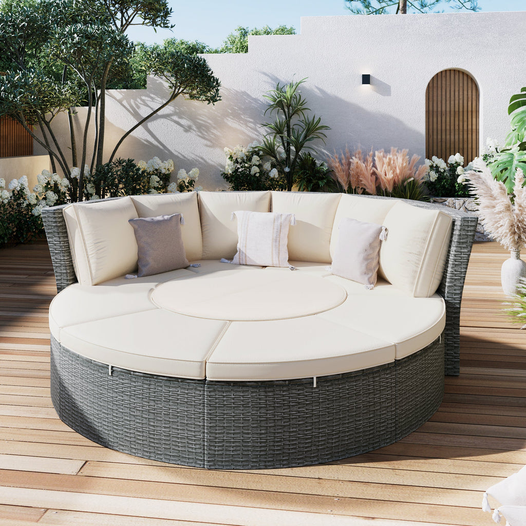 Conjunto de sofás redondos de 5 piezas para patio al aire libre - Gris