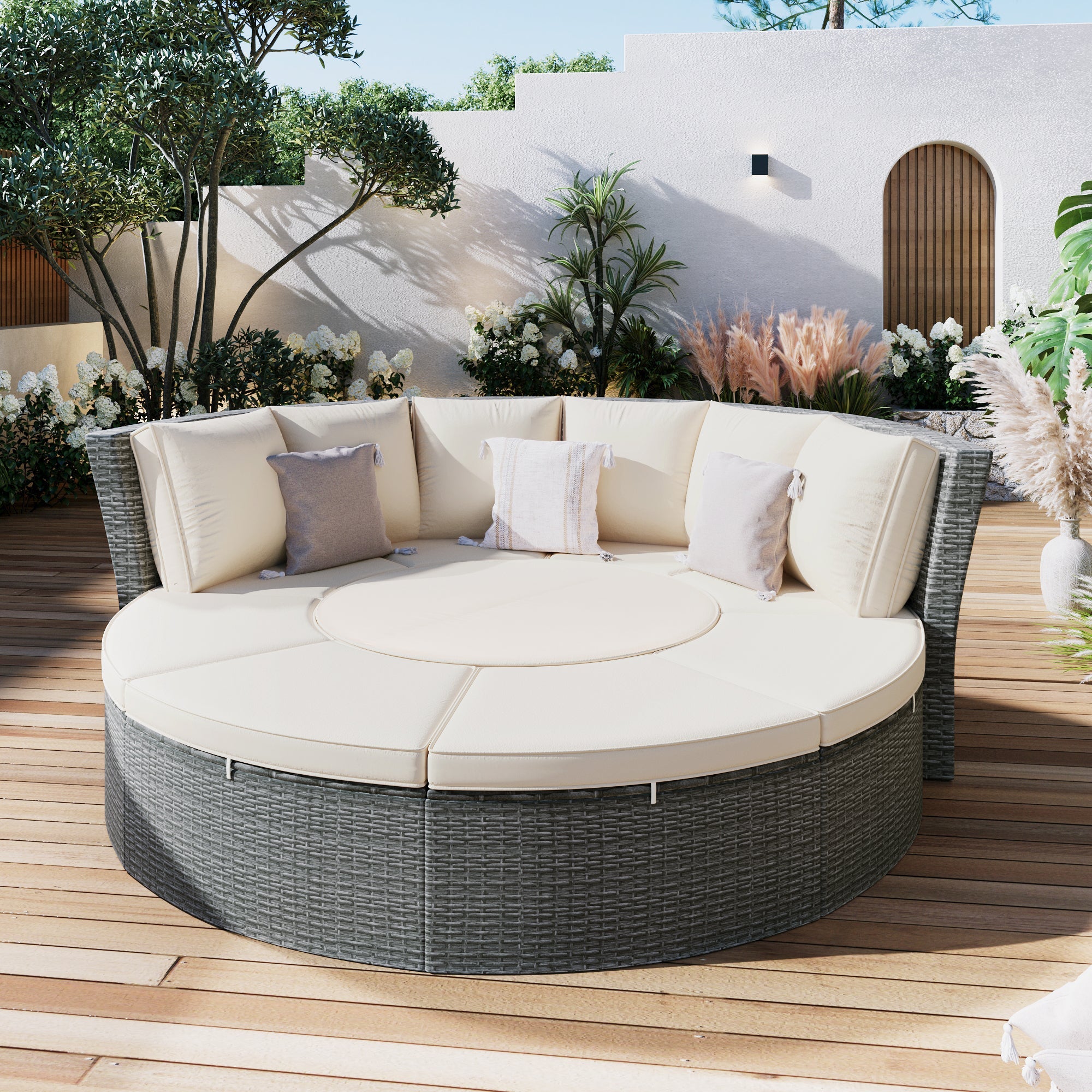Conjunto de sofás redondos de 5 piezas para patio al aire libre - Gris