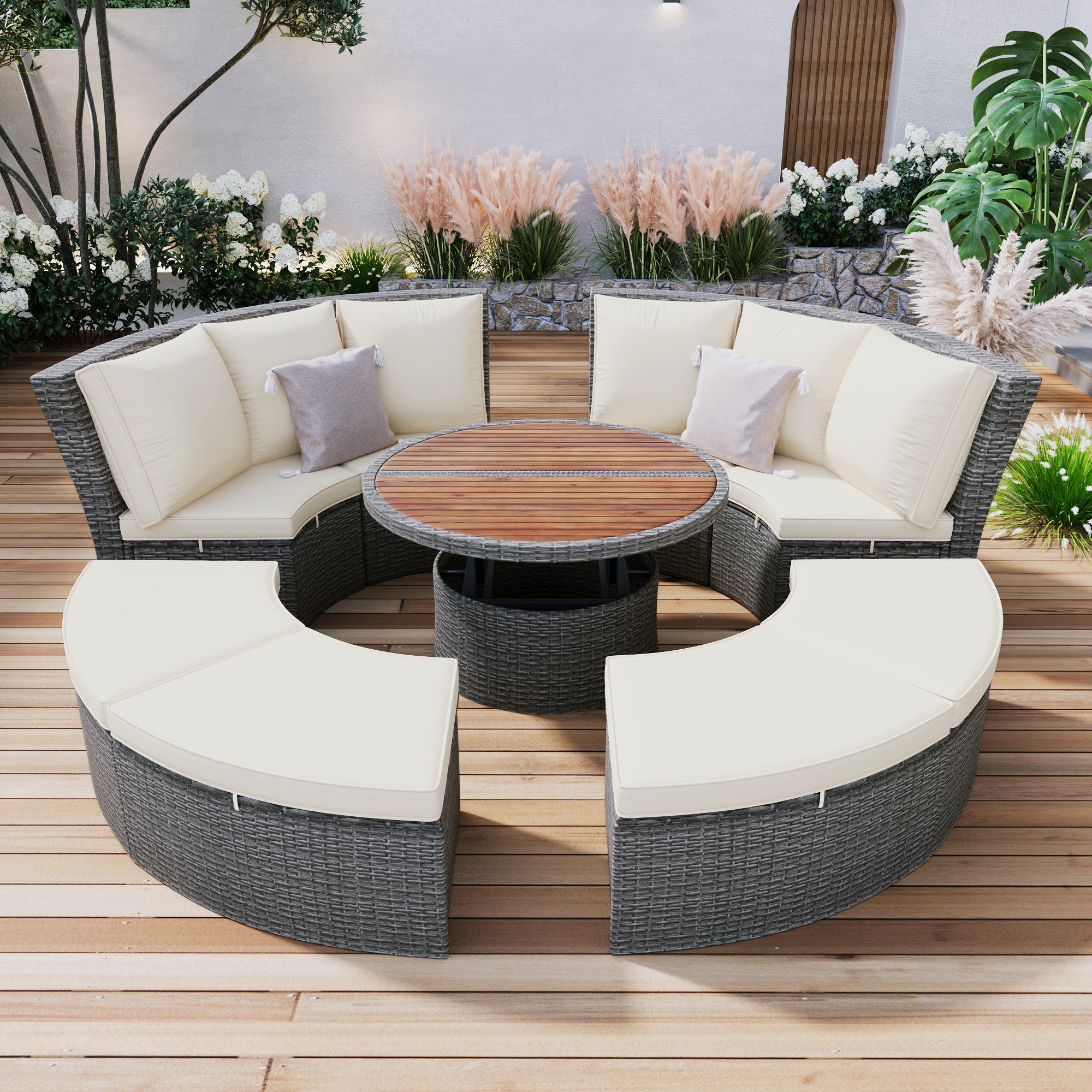 Conjunto de sofás redondos de 5 piezas para patio al aire libre - Gris