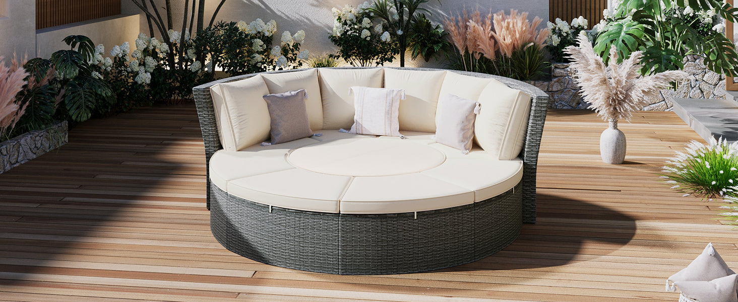 Conjunto de sofás redondos de 5 piezas para patio al aire libre - Gris