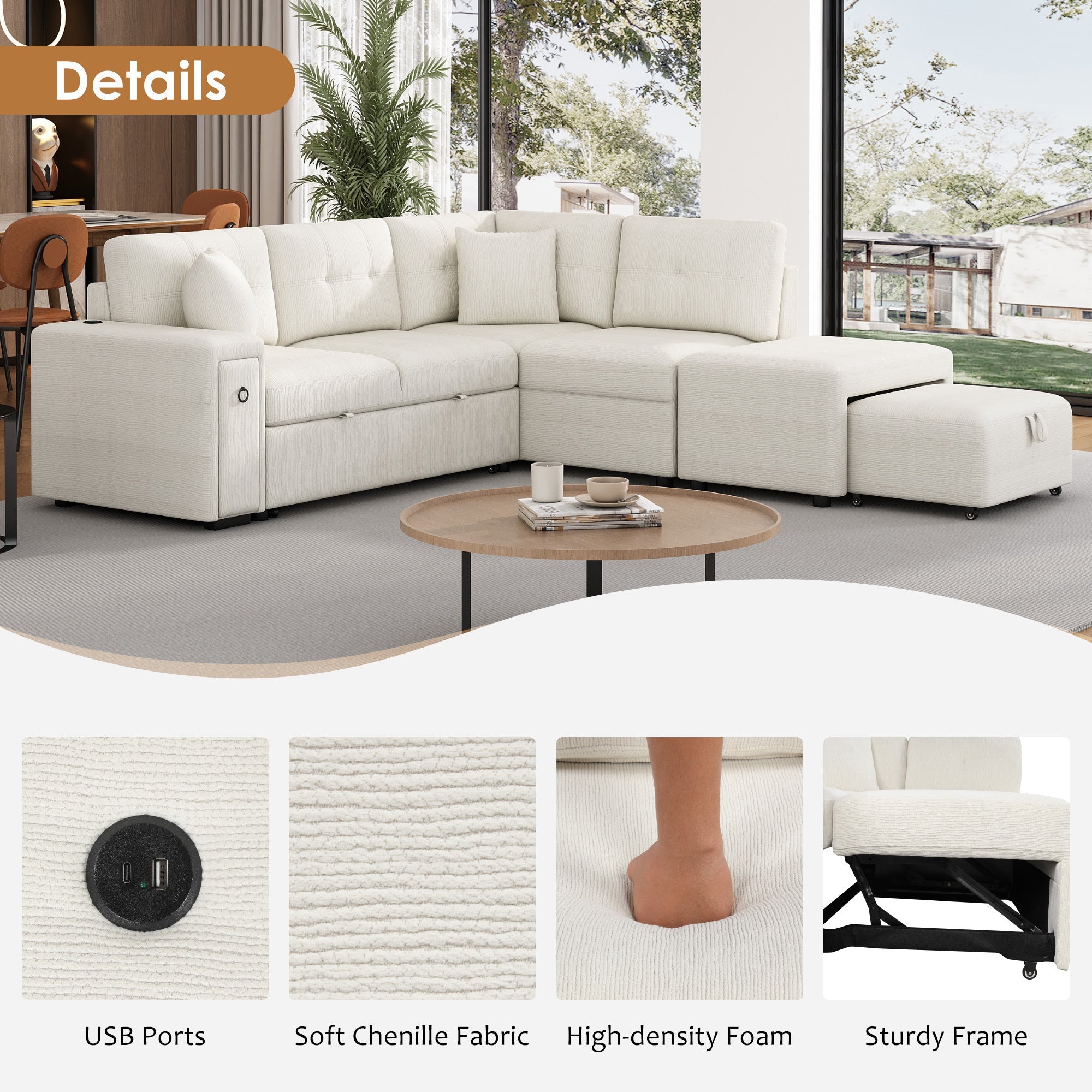 Sofá cama extraíble en forma de L - Beige