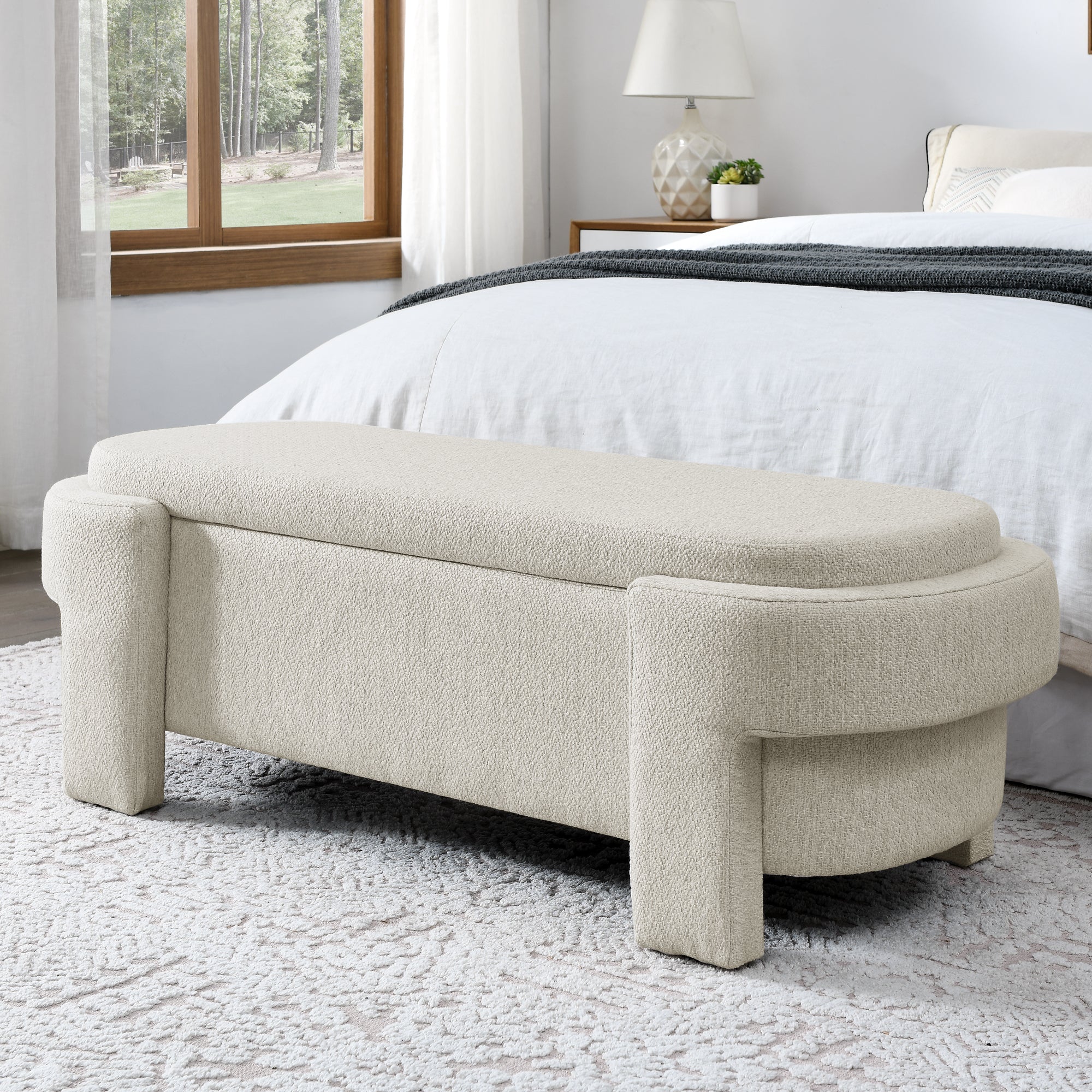 Banco tapizado en tela de lino - Beige