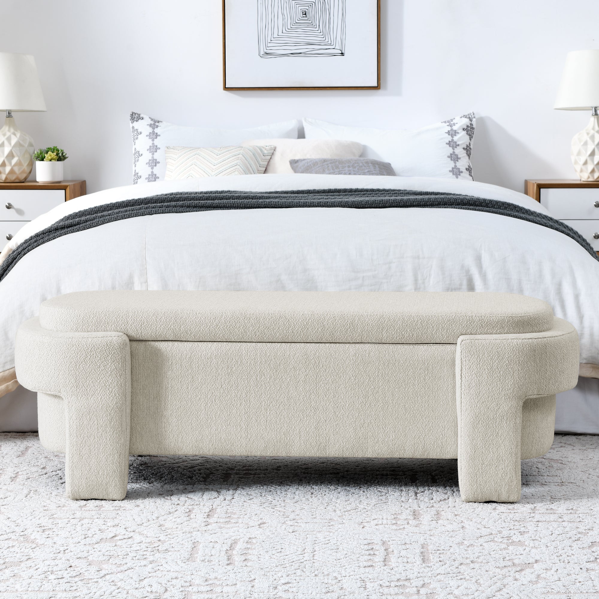 Banco tapizado en tela de lino - Beige