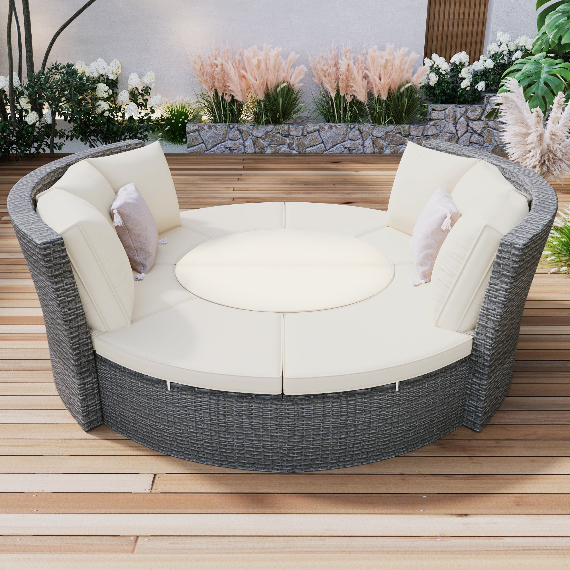 Conjunto de sofás redondos de 5 piezas para patio al aire libre - Gris